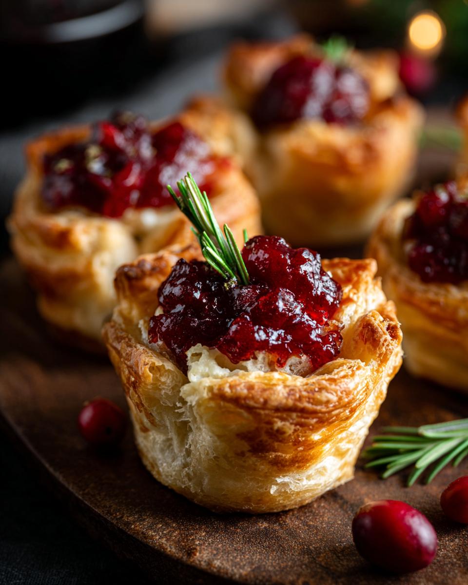 Close-up of delicious Cranberry Brie Bites topped with cranberry sauce and a sprig of rosemary.