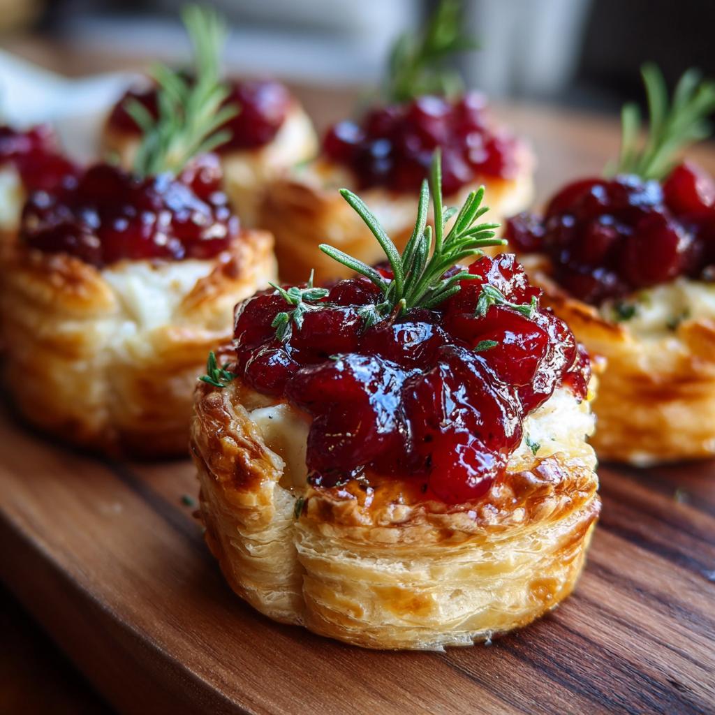 Close-up of golden puff pastry cups filled with creamy brie and topped with glistening cranberry sauce and fresh rosemary, showcasing Cranberry Brie Bites.