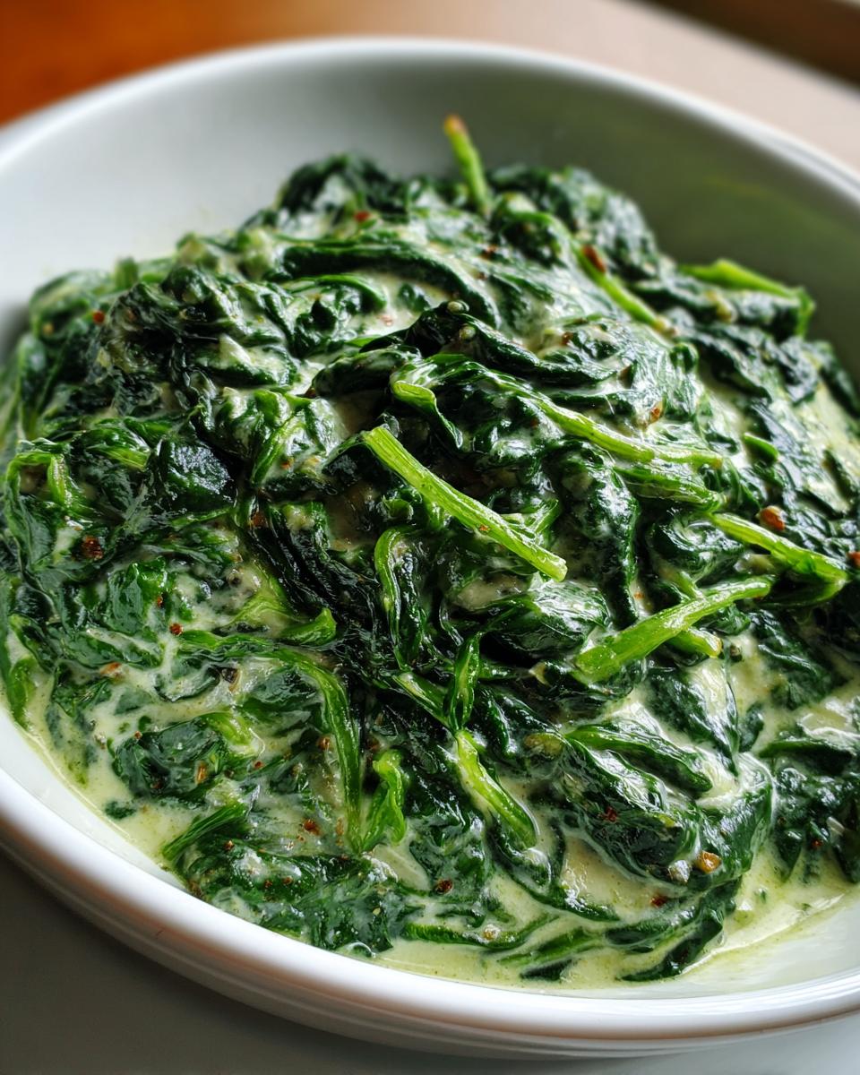 Close-up of rich and creamy steakhouse-style creamed spinach in a white bowl.