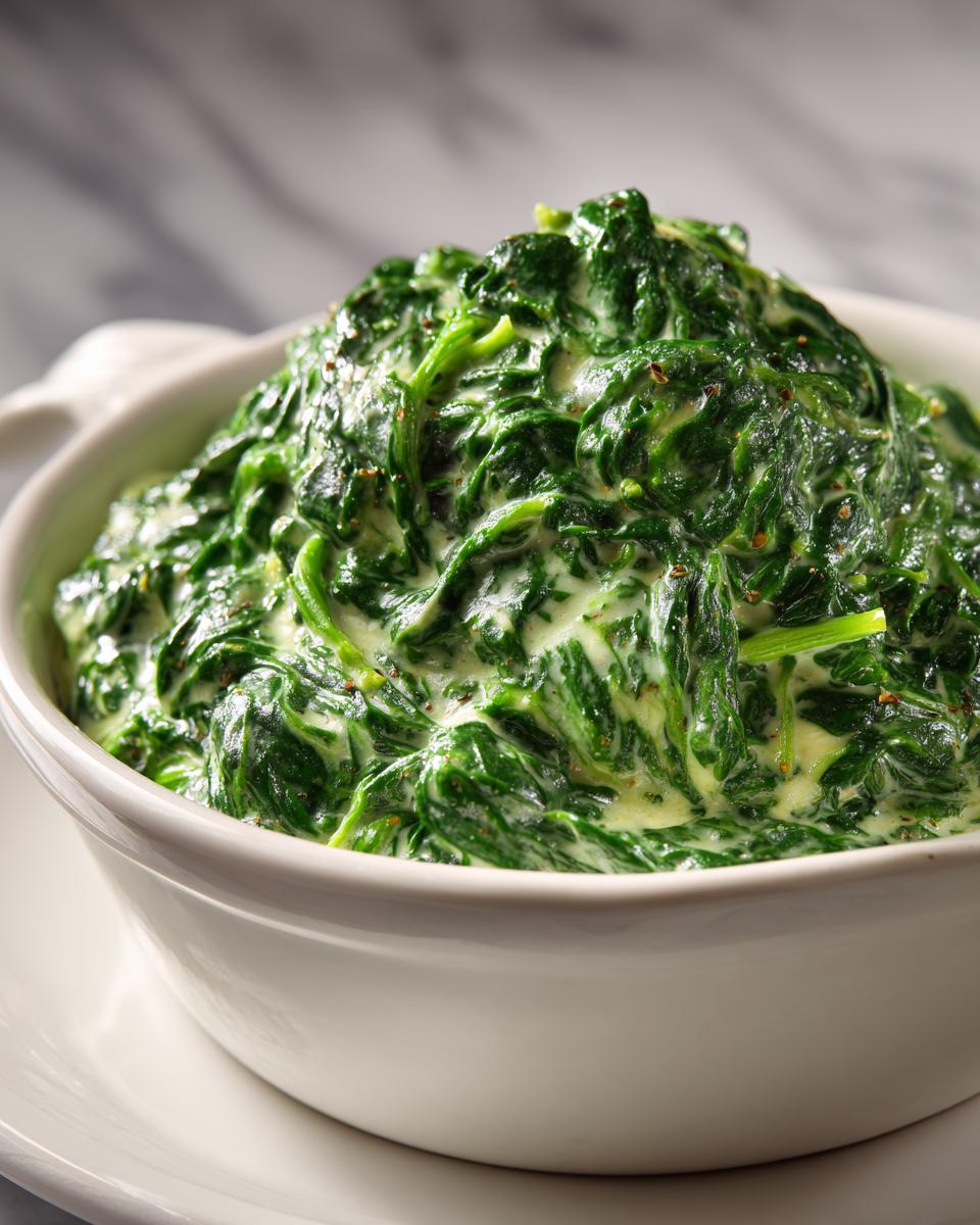 Close-up of rich and creamy steakhouse style creamed spinach served in a white bowl.