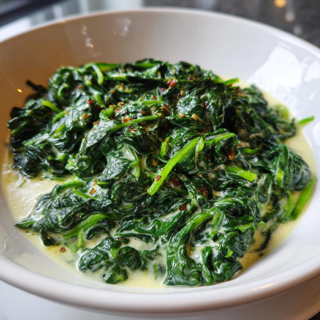 A close-up of rich and creamy spinach, seasoned with red pepper flakes, served in a white bowl.