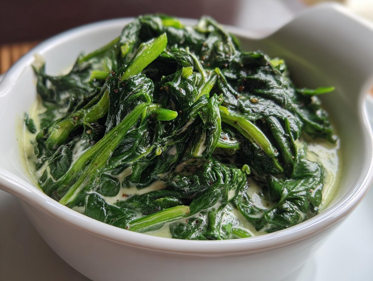 Close-up of rich and creamy steakhouse style creamed spinach in a white bowl, seasoned with pepper.