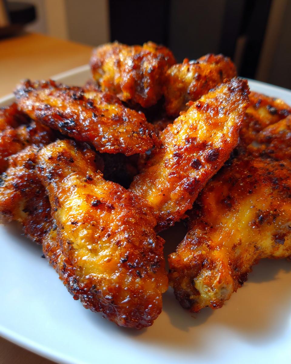 A close-up of a pile of perfectly Crispy Baked Chicken Wings on a white plate, glistening with seasoning.
