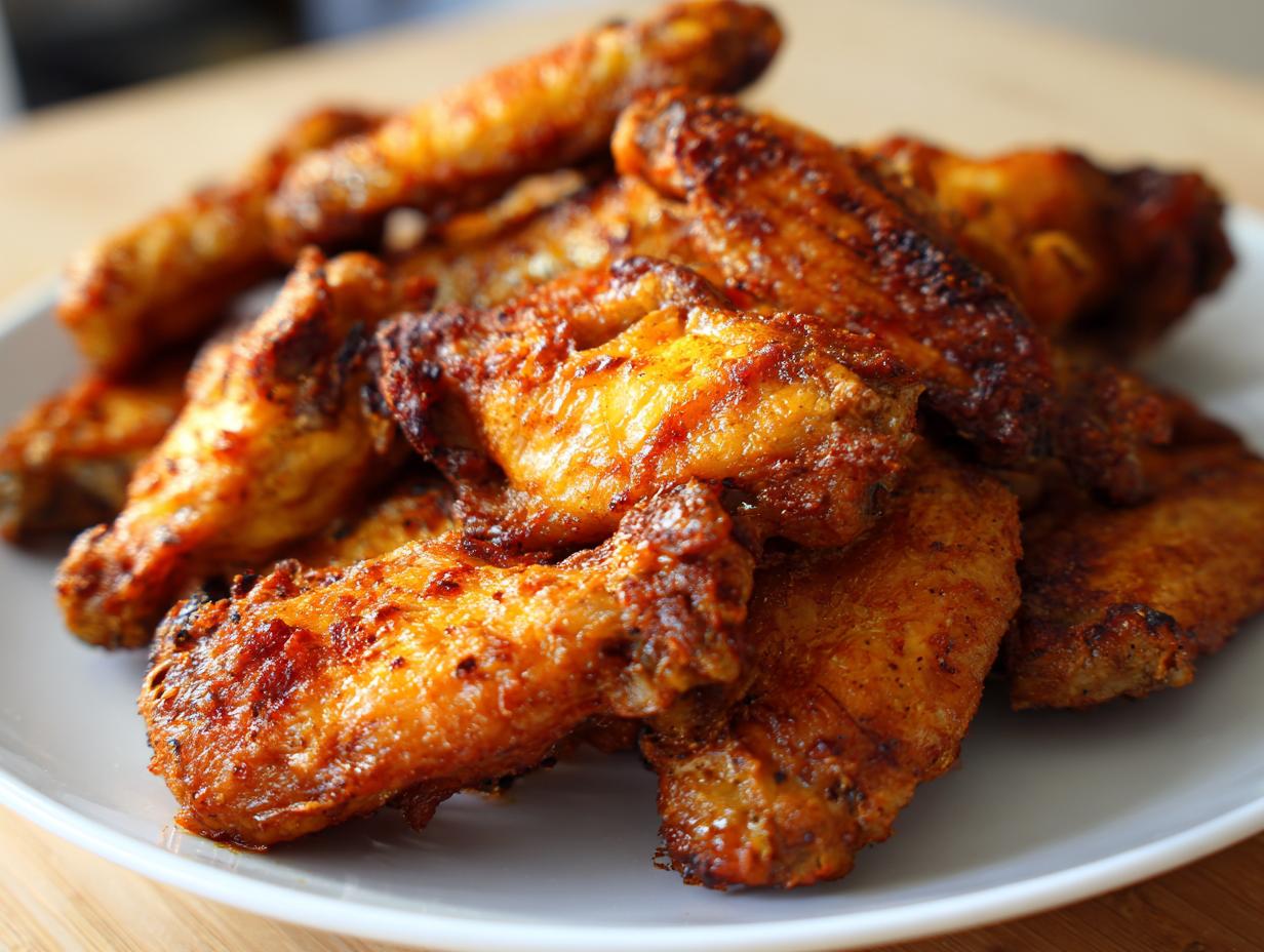 A close-up shot of a pile of perfectly Crispy Baked Chicken Wings on a white plate.