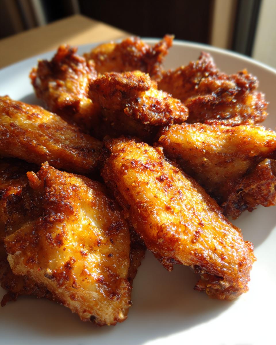 A close-up shot of a pile of golden-brown, crispy baked chicken wings on a white plate.