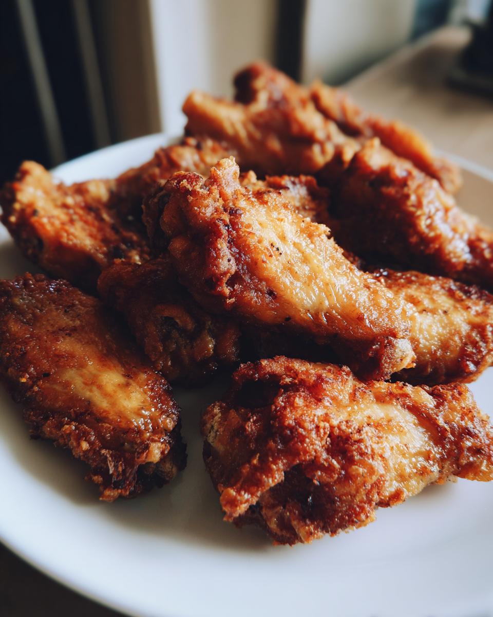 A close-up shot of a pile of golden brown, crispy baked chicken wings on a white plate.