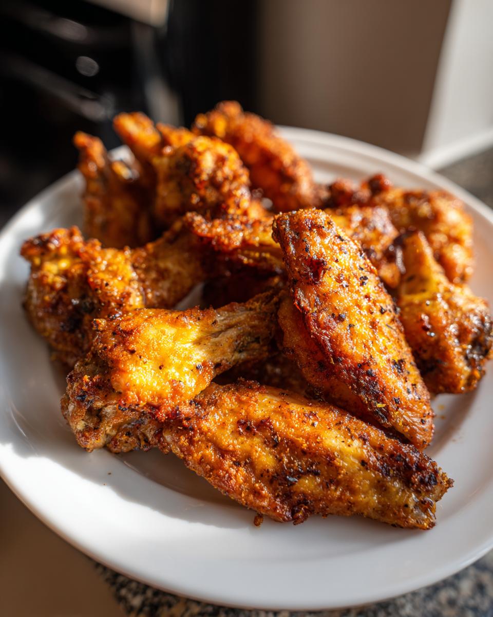 A close-up of a white plate filled with perfectly Crispy Baked Chicken Wings, seasoned and golden brown.
