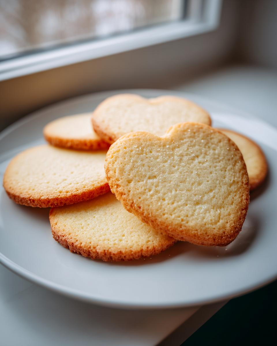 A stack of golden-brown heart-shaped cutout sugar cookies with sharp edges, lightly dusted with sugar.