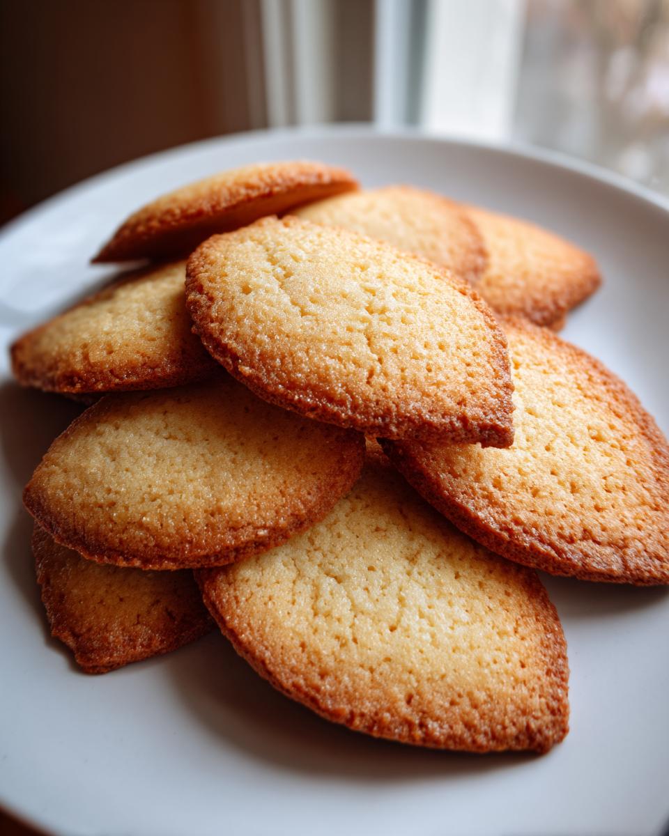 A pile of golden brown Cutout Sugar Cookies (Sharp Edges) on a white plate, with crispy edges.