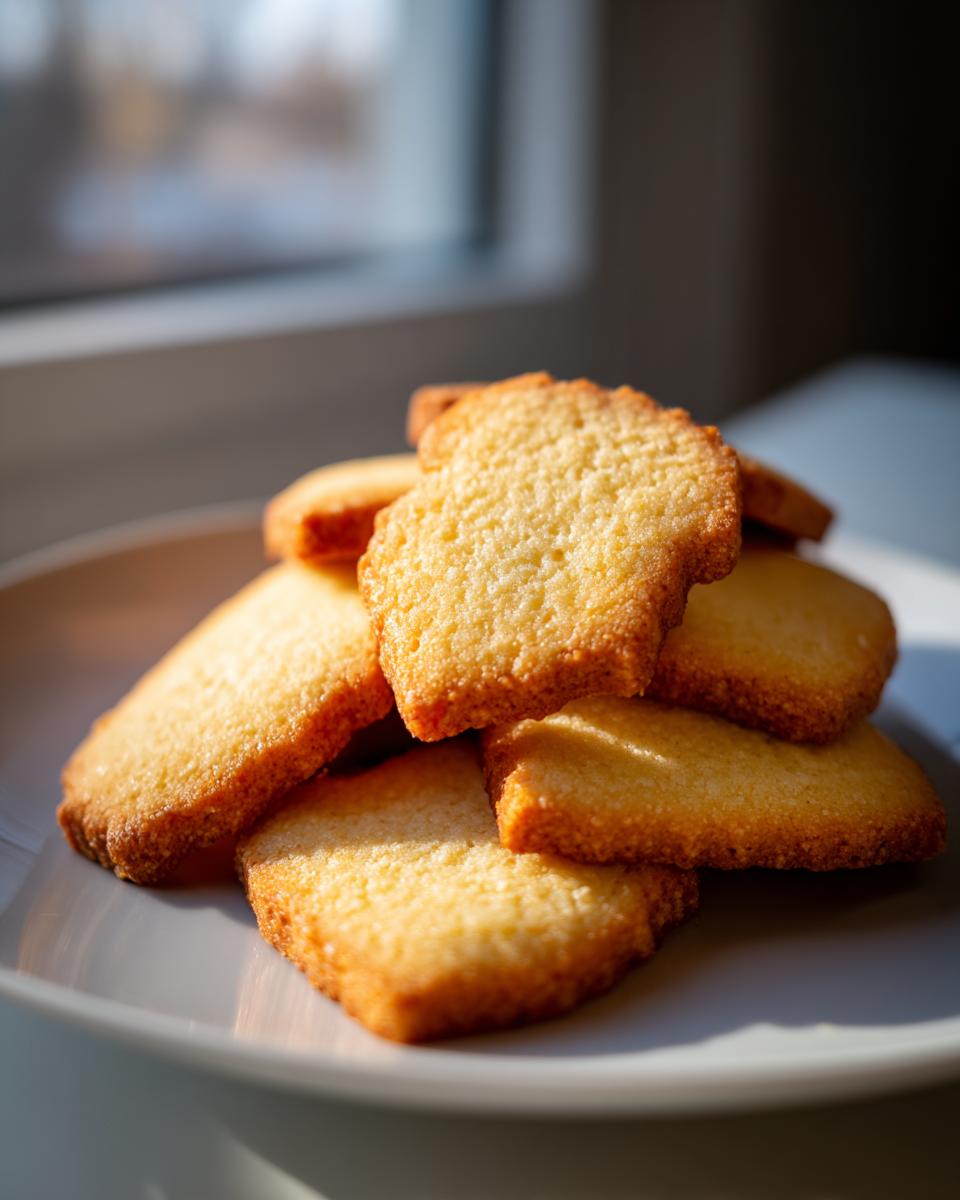 A stack of golden brown Cutout Sugar Cookies (Sharp Edges) with crisp edges on a white plate.