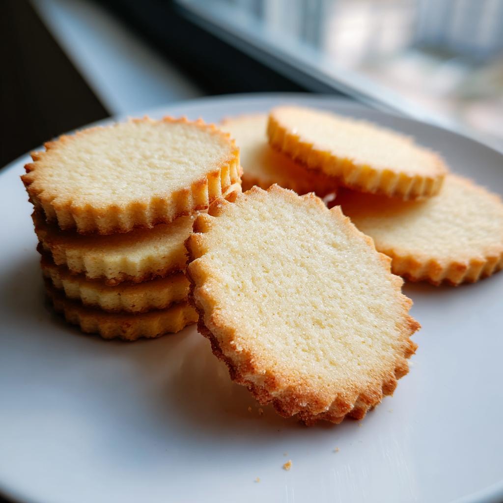 A stack of golden-brown cutout sugar cookies with sharp, defined edges on a white plate.