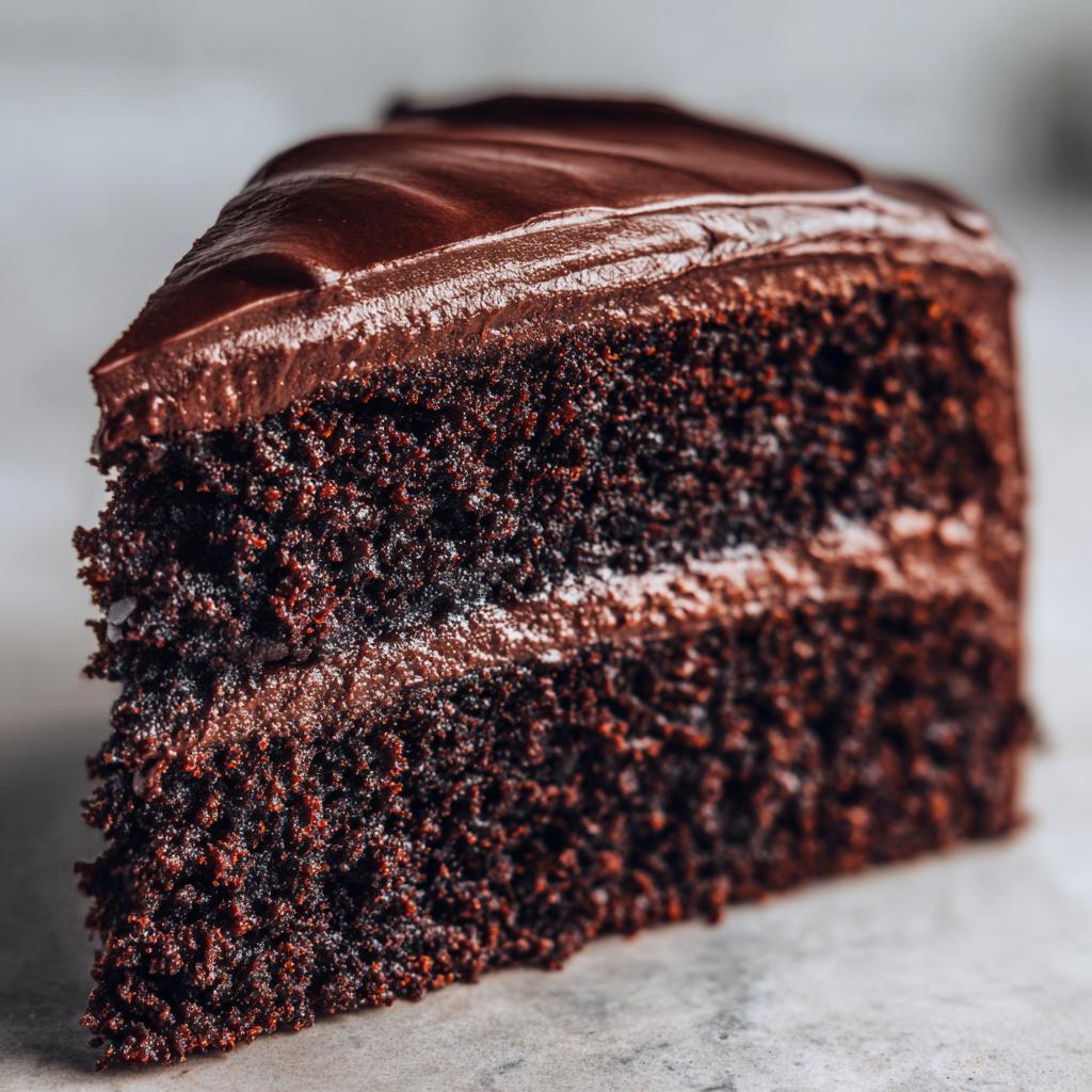A close-up, mouthwatering slice of Dark Chocolate Truffle Cake with rich chocolate frosting and moist cake layers.