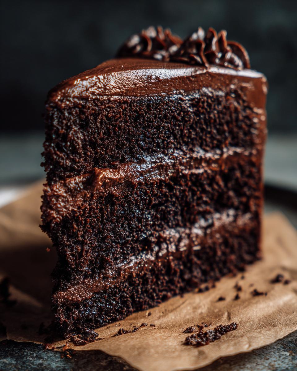 A rich slice of Dark Chocolate Truffle Cake with layers of moist chocolate cake and smooth chocolate frosting.
