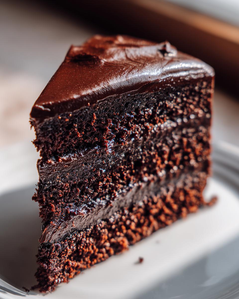 A decadent slice of Dark Chocolate Truffle Cake with layers of moist chocolate cake and rich chocolate frosting.