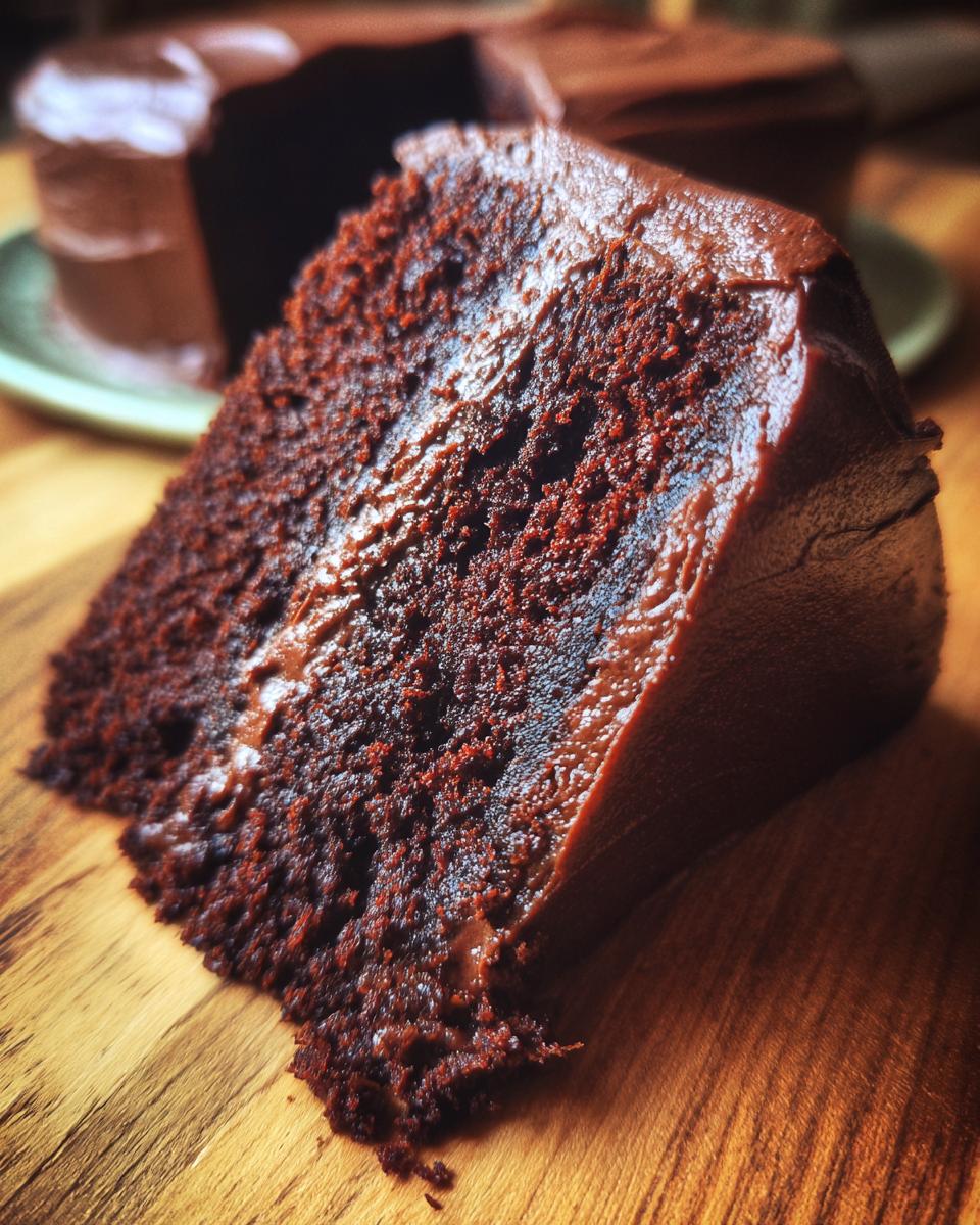 A decadent slice of Dark Chocolate Truffle Cake with moist crumb and rich chocolate frosting.