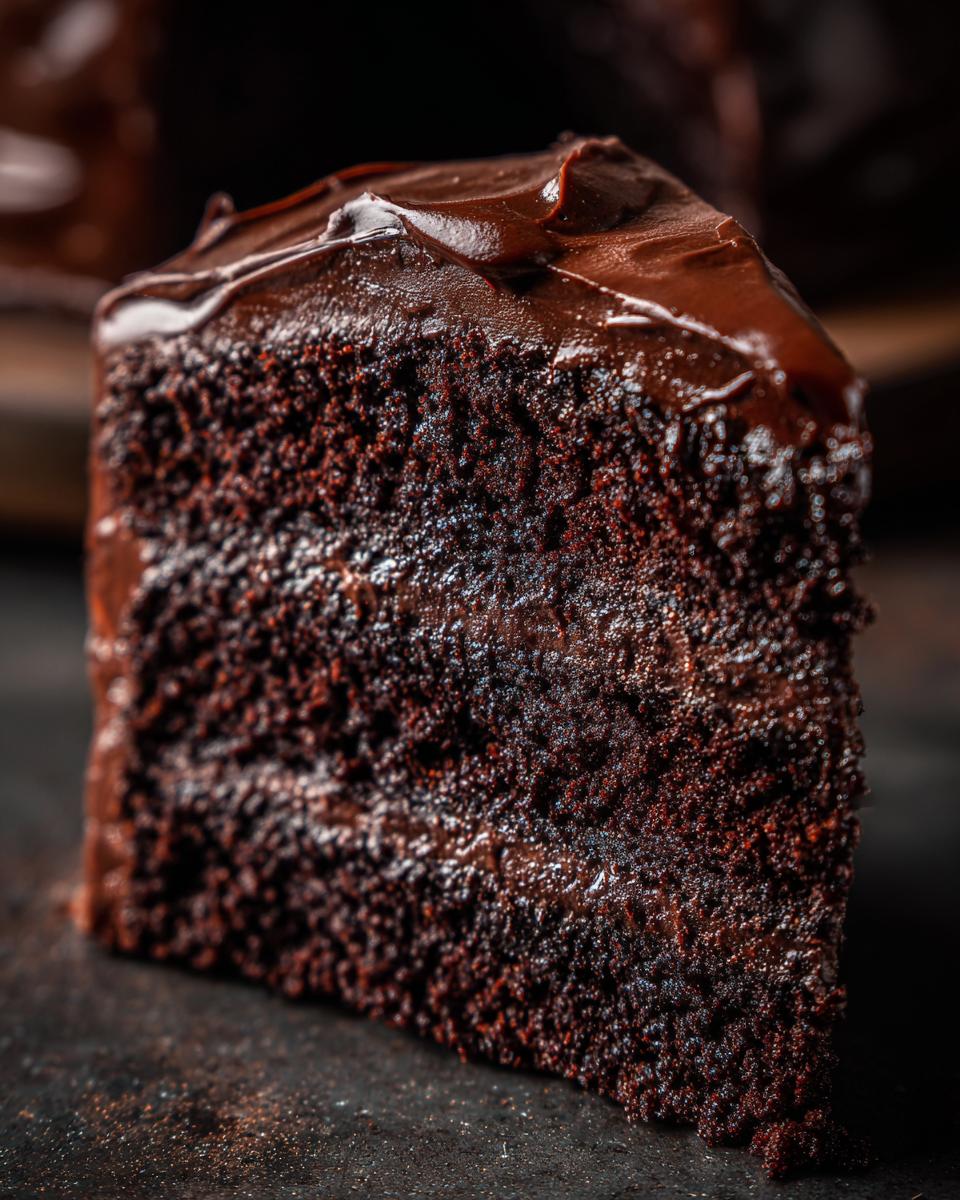 A decadent slice of Dark Chocolate Truffle Cake, showcasing its moist crumb and glossy chocolate frosting.