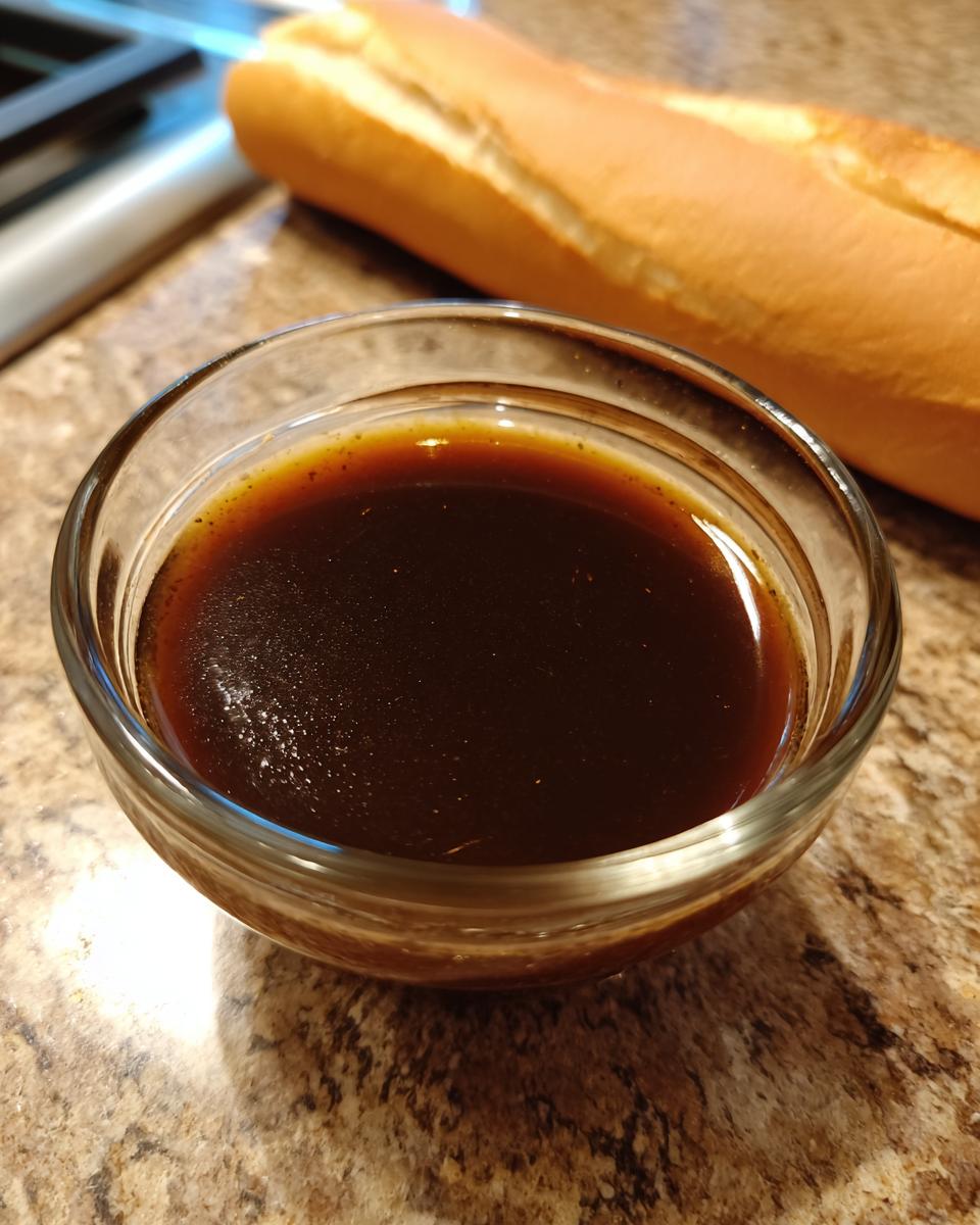 A small glass bowl filled with rich, dark au jus, with a crusty baguette in the background, perfect for French Dip Sandwiches.