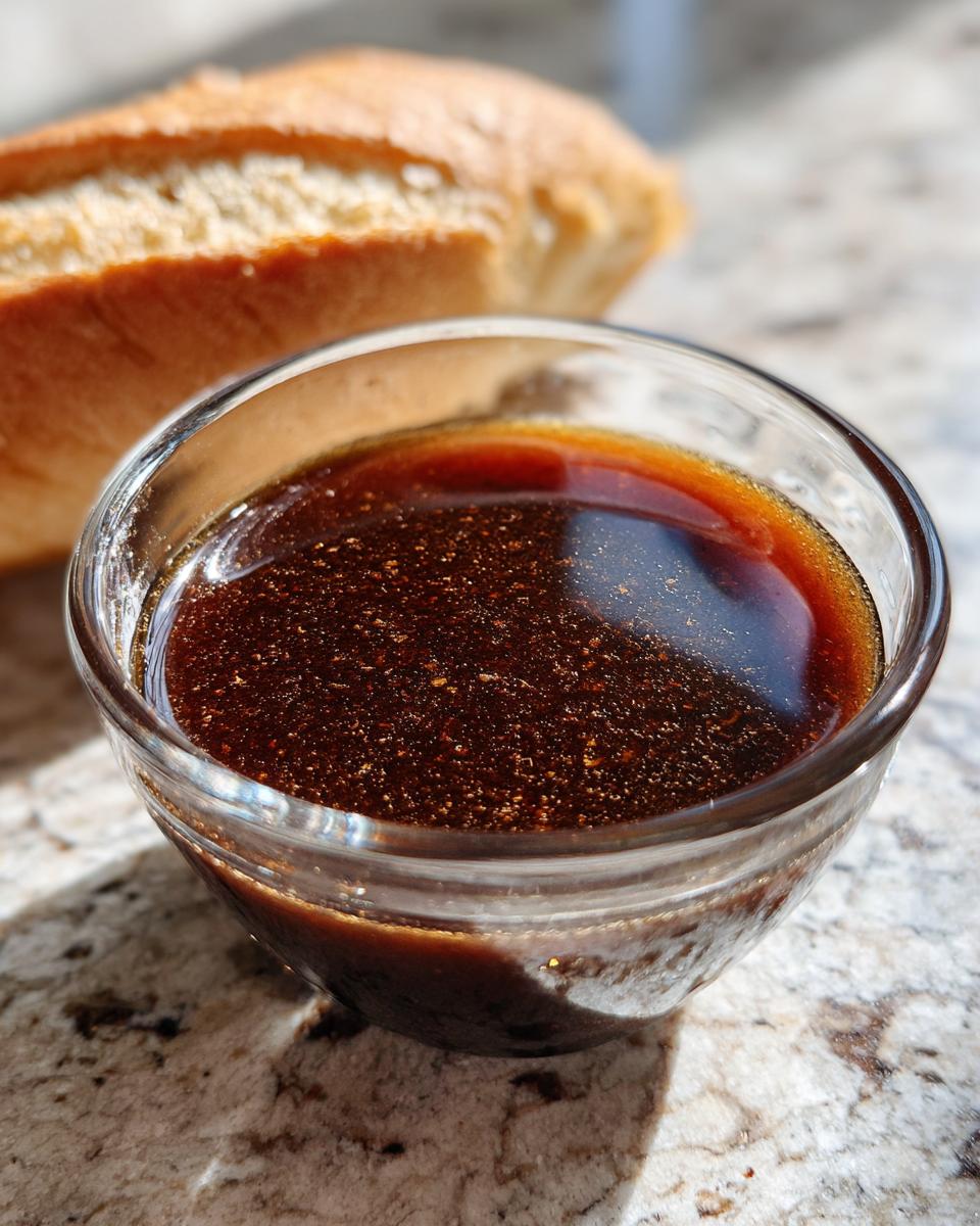 A clear glass bowl filled with rich, dark Au Jus, perfect for French Dip Sandwiches, with a bread roll in the background.