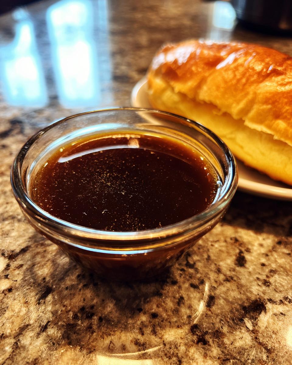 A close-up of a small glass bowl filled with rich, dark Au Jus, perfect for French Dip Sandwiches.