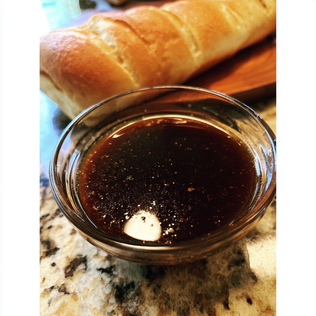 A small glass bowl filled with rich, dark au jus sauce, perfect for French dip sandwiches, with a baguette in the background.