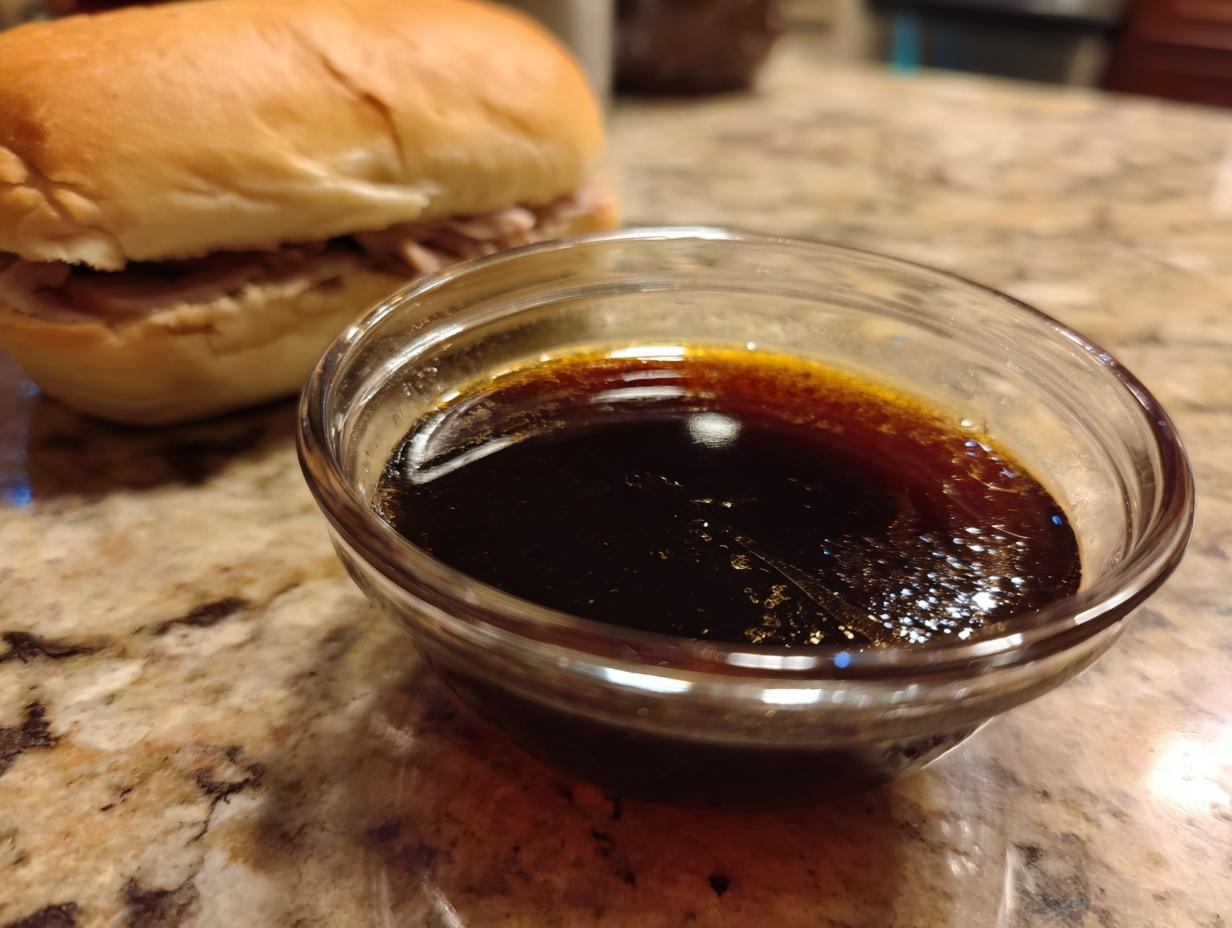A small glass bowl filled with rich, dark au jus, perfect for dipping French Dip Sandwiches.