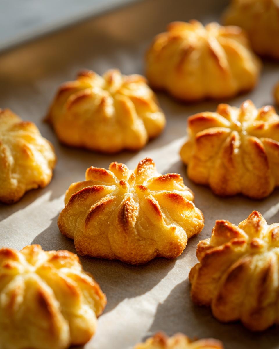 Close-up of golden-brown Duchess Potatoes (Make Ahead) piped into flower shapes on a baking sheet.