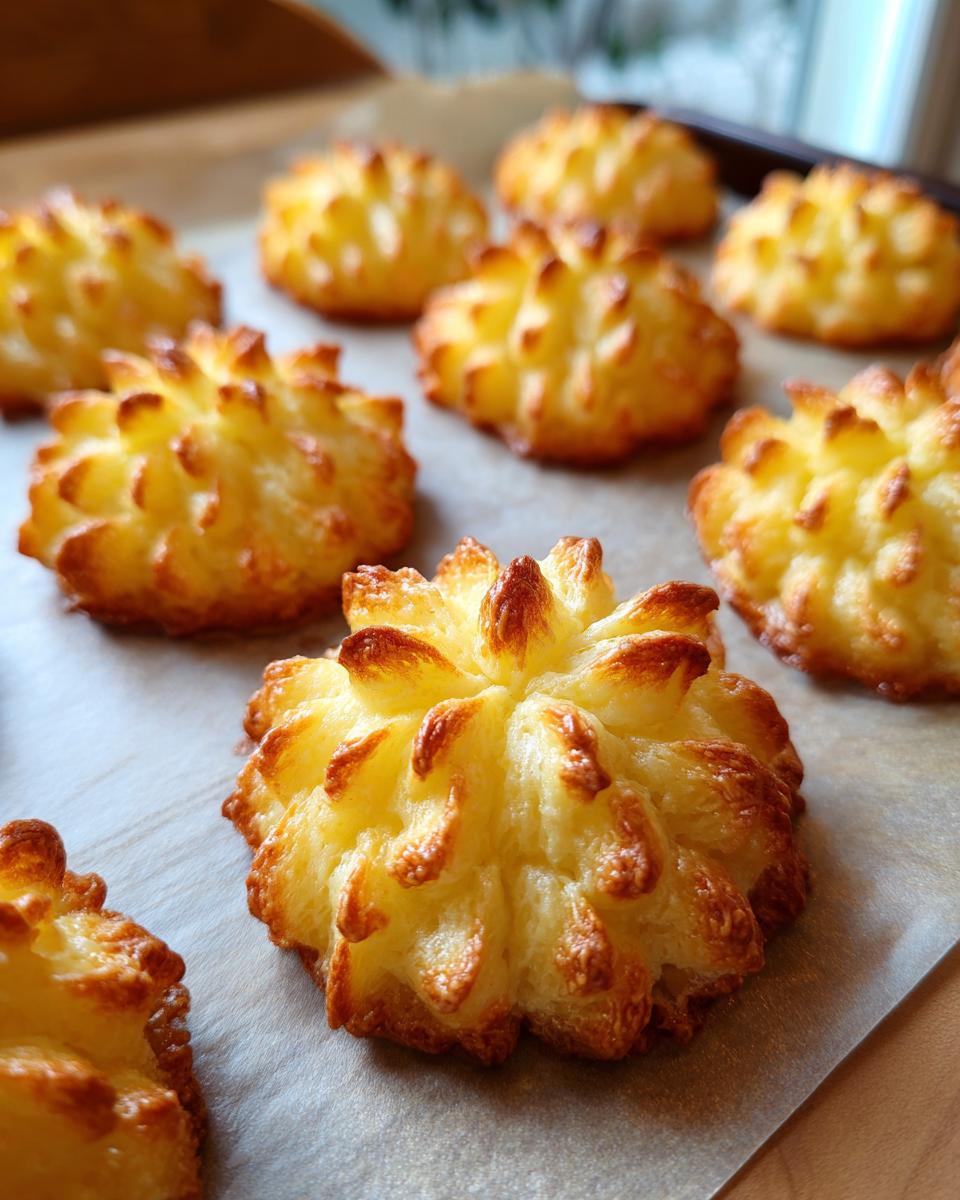 Close-up of golden-brown Duchess Potatoes (Make Ahead) piped into flower shapes and baked on parchment paper.