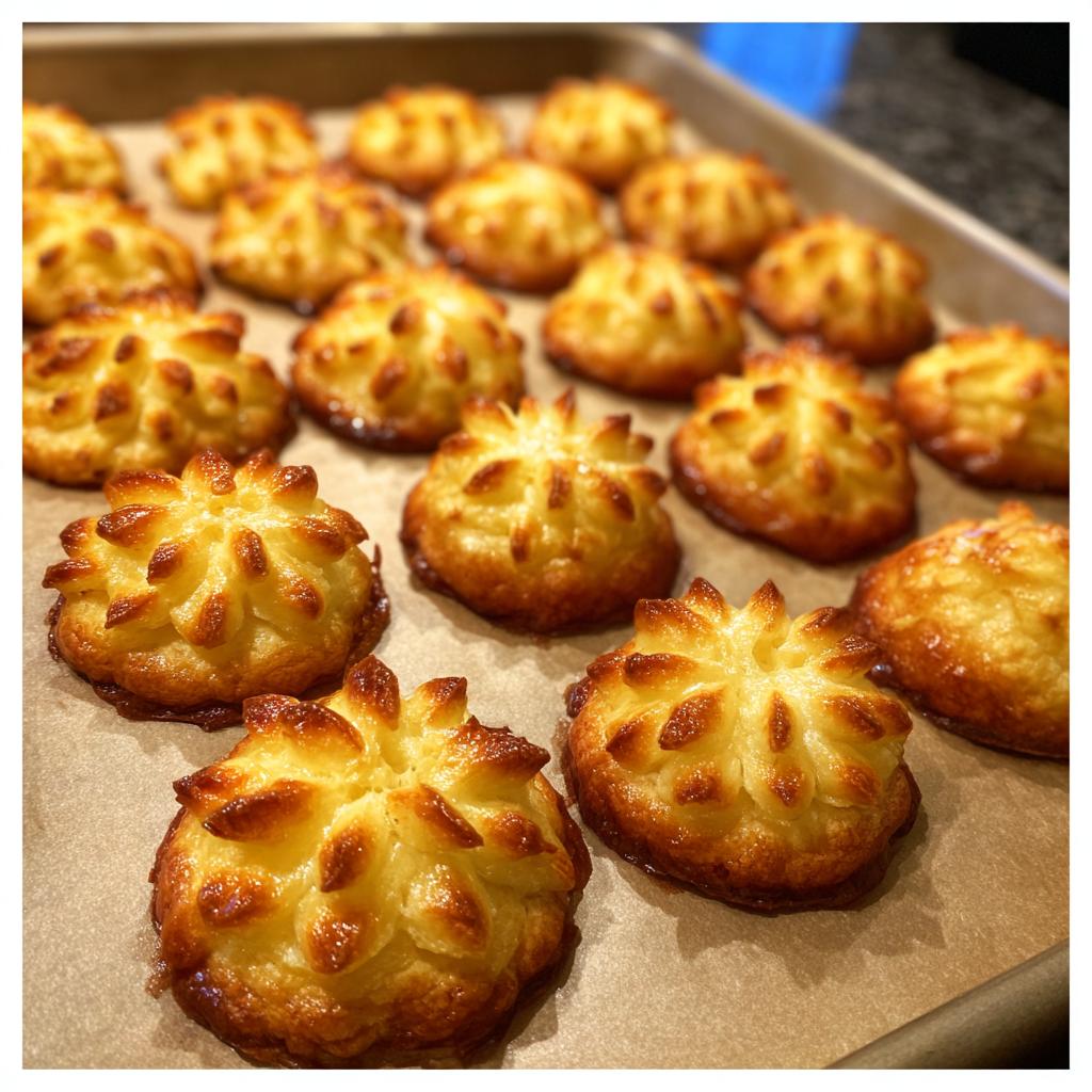 Close-up of golden-brown Duchess Potatoes (Make Ahead) piped into star shapes on a baking sheet.