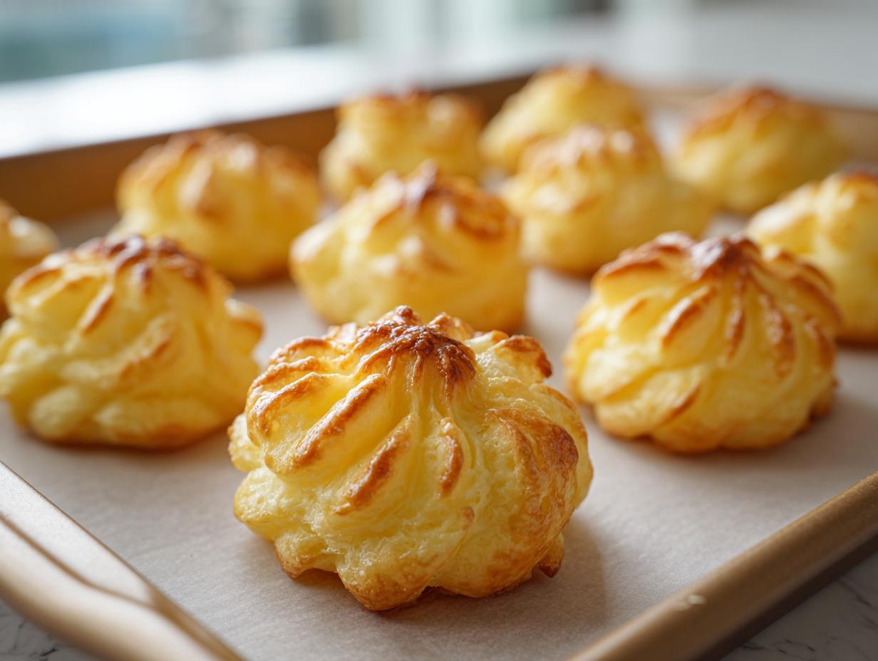 Close-up of piped Duchess Potatoes on a baking sheet, ready for the oven, with golden-brown peaks.