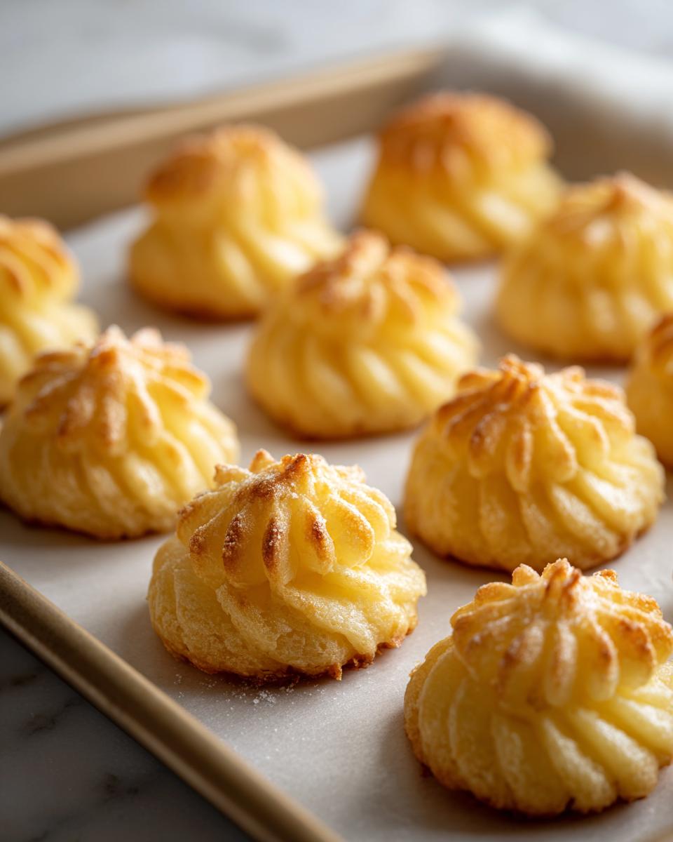 A tray of piped Duchess Potatoes, golden brown and ready for baking, dusted with a light powder.