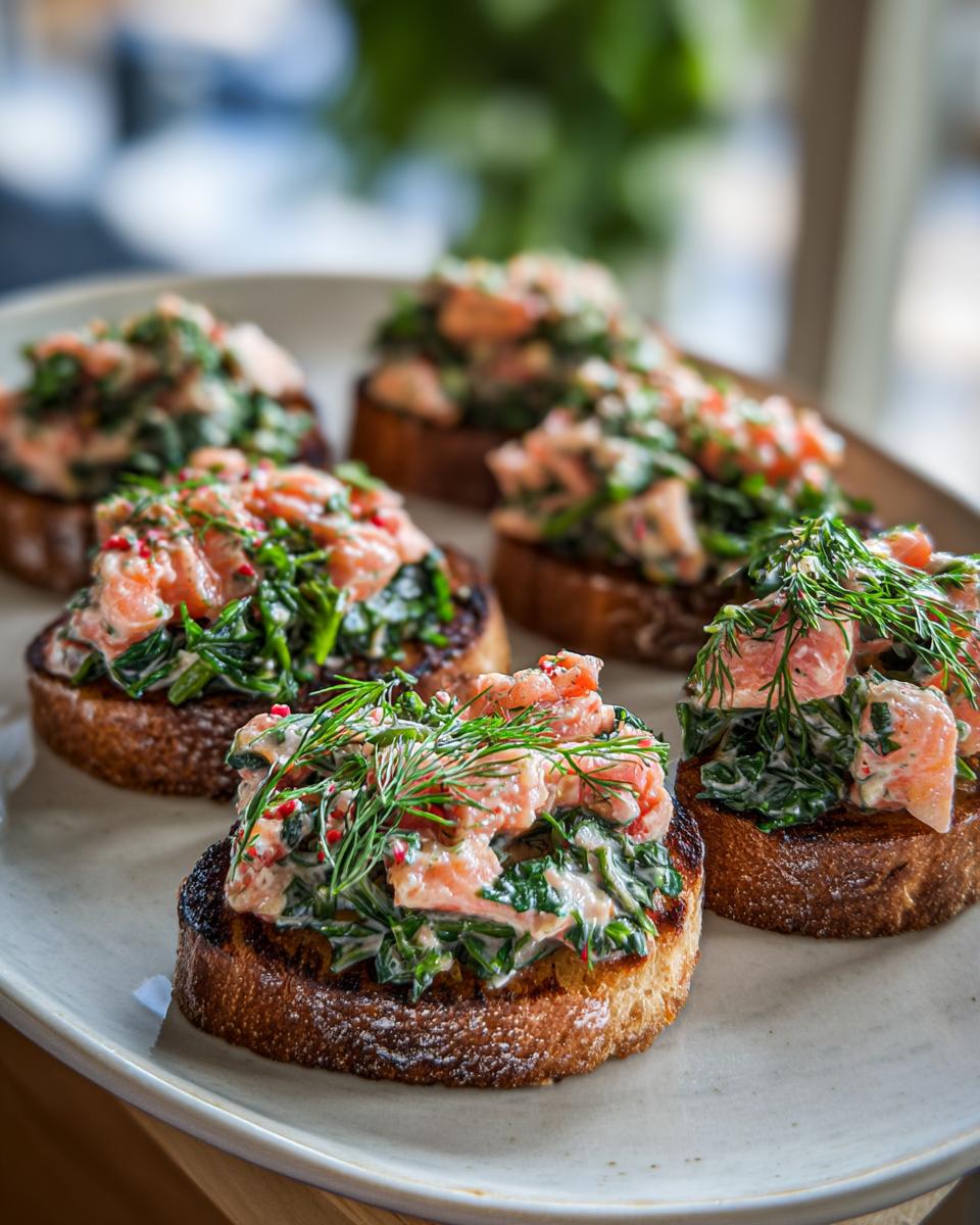 Close-up of Easy New Year’s Eve Appetizers: Smoked salmon and spinach bruschetta topped with fresh dill.