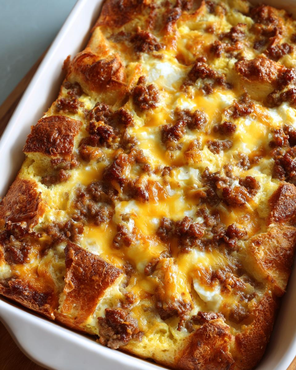 A golden-brown Easy Overnight Breakfast Casserole with crumbled sausage and melted cheese in a white baking dish.