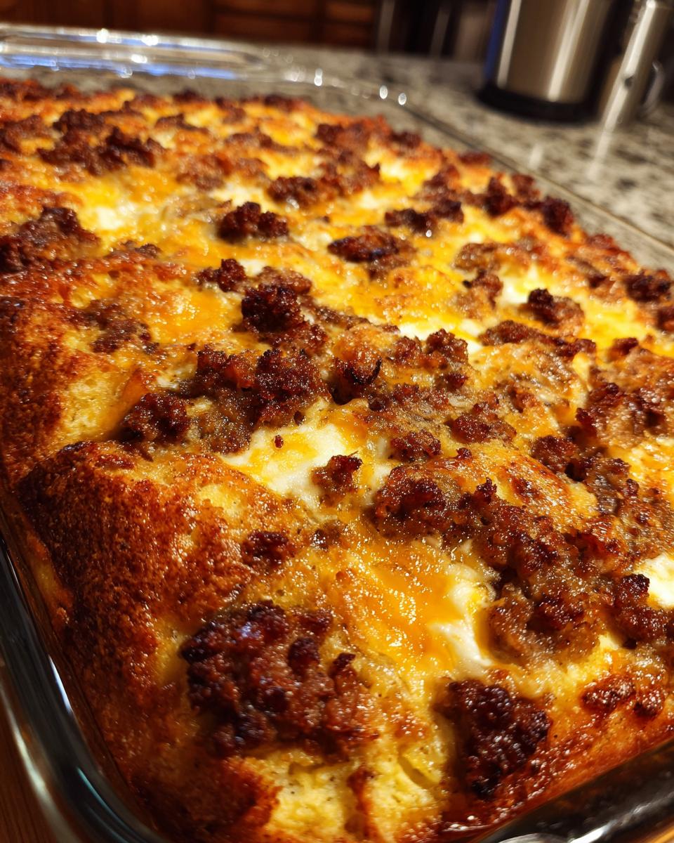 Golden brown Easy Overnight Breakfast Casserole topped with crumbled sausage and melted cheese in a glass baking dish.