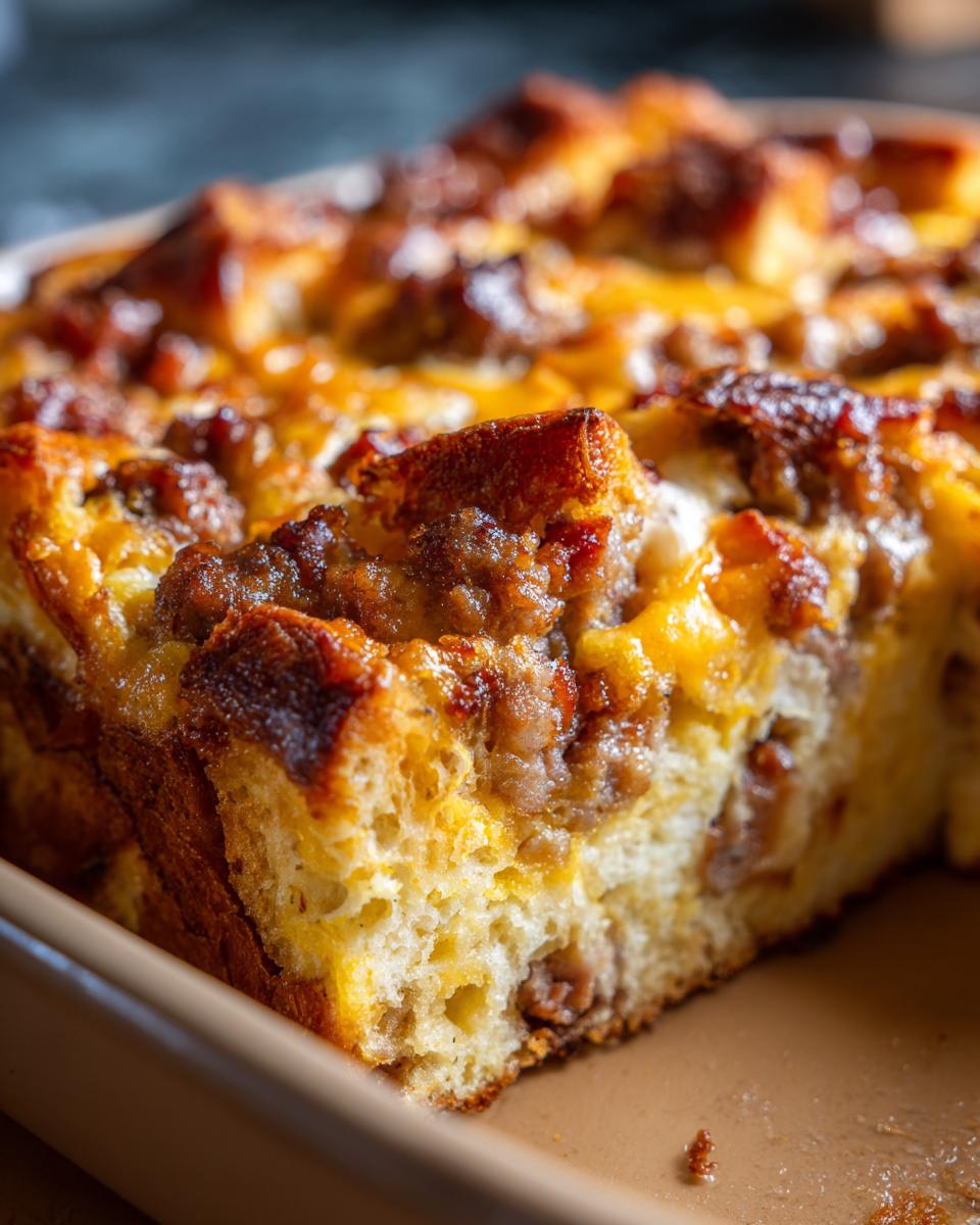 A close-up of a slice of Easy Overnight Breakfast Casserole with sausage, cheese, and bread.