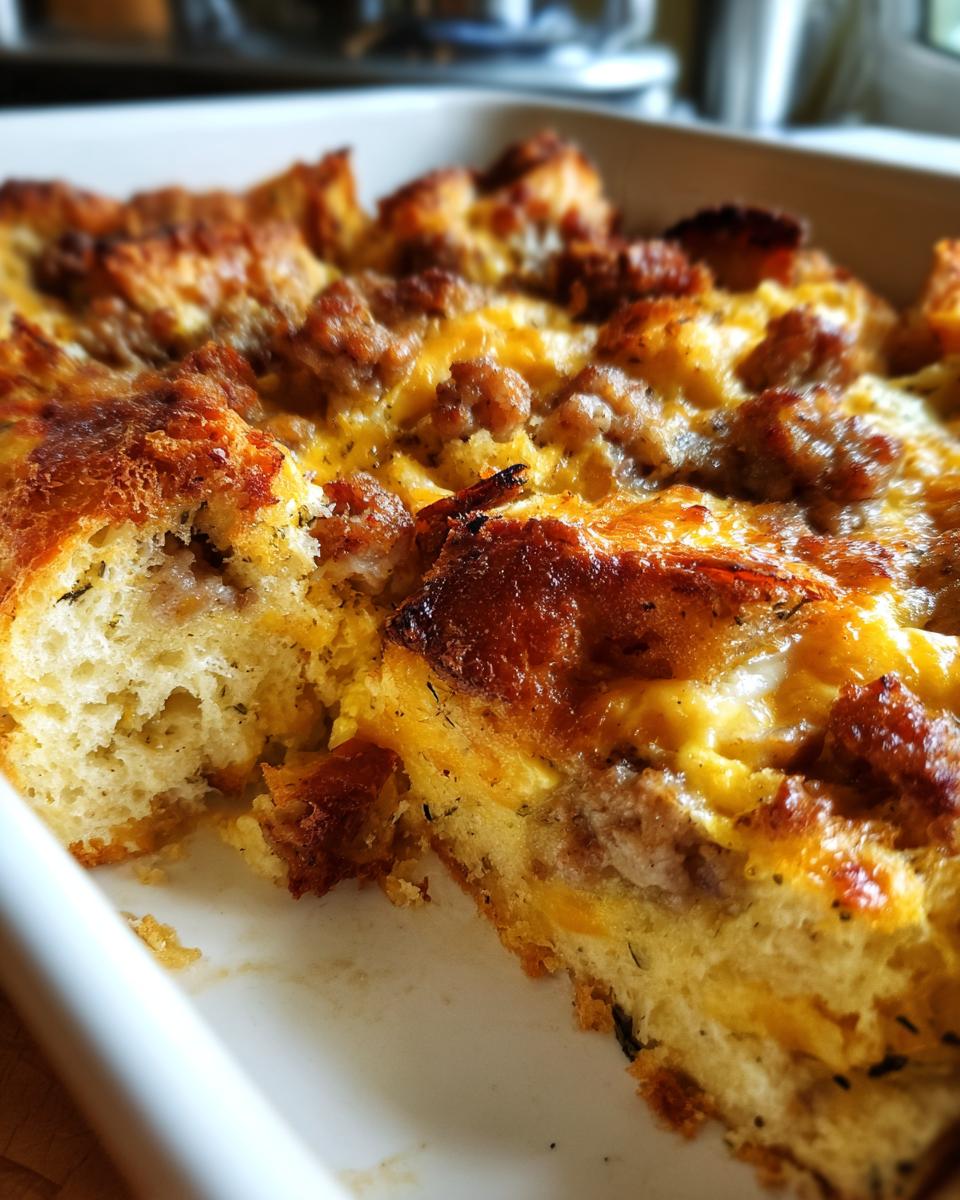 Close-up of a slice of Easy Overnight Breakfast Casserole with golden-brown crust, visible sausage, and melted cheese.