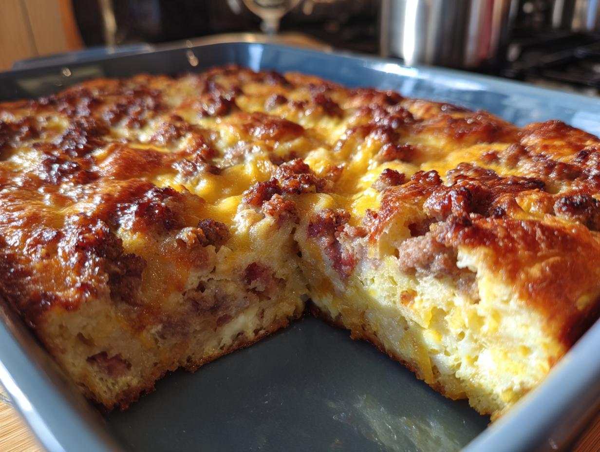 A close-up of a slice of Easy Overnight Breakfast Casserole in a baking dish, featuring sausage and melted cheese.