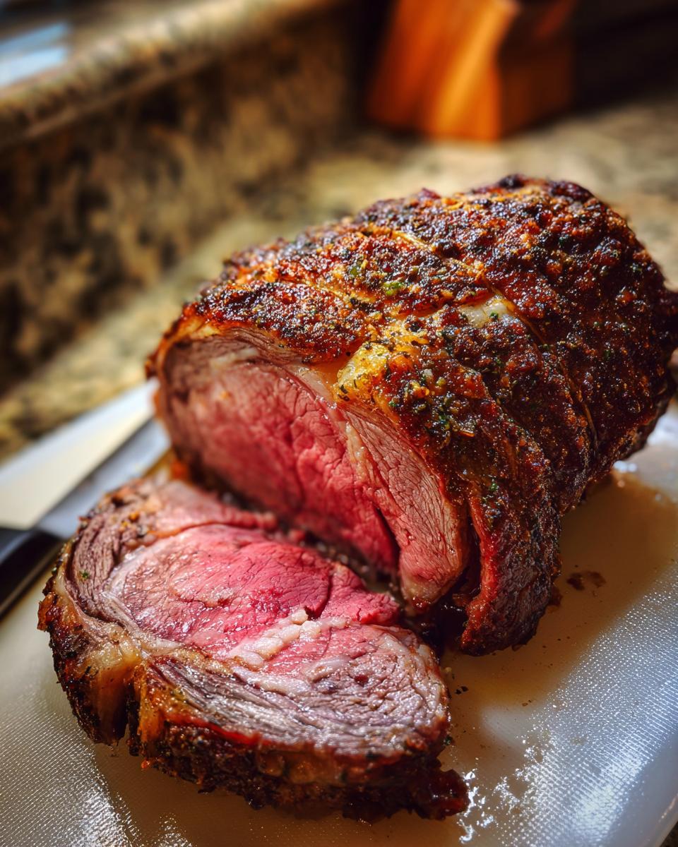 A perfectly cooked Easy Prime Rib for Busy Hosts, with a juicy pink interior and a flavorful herb crust.