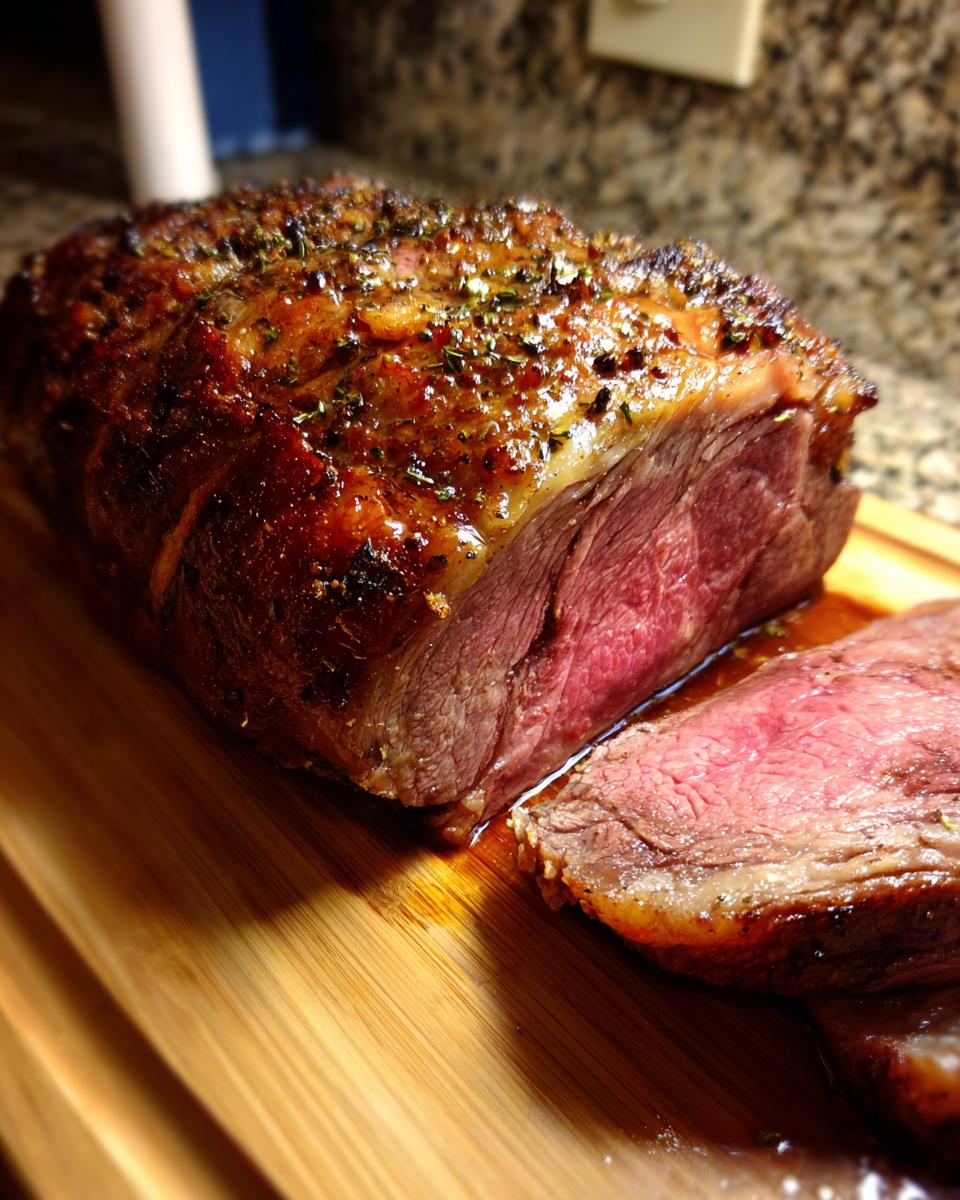 A perfectly cooked, juicy prime rib roast with a flavorful crust, sliced on a wooden cutting board. Easy Prime Rib for Busy Hosts.