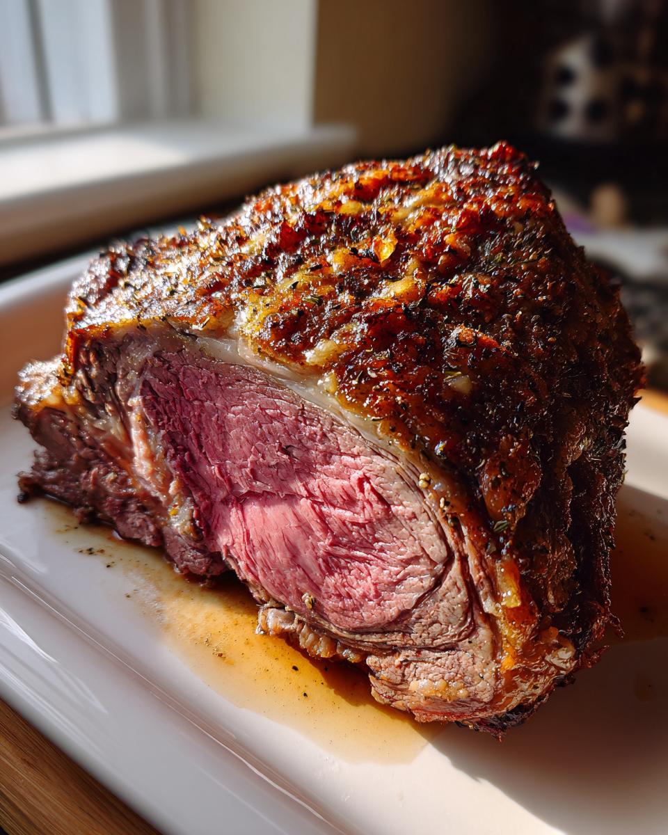 A perfectly cooked, juicy prime rib roast with a flavorful crust, ready to be served.