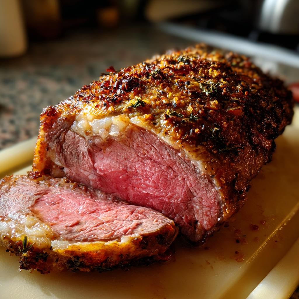 A perfectly cooked, juicy Easy Prime Rib roast with a golden-brown crust, sliced to reveal a tender pink interior.