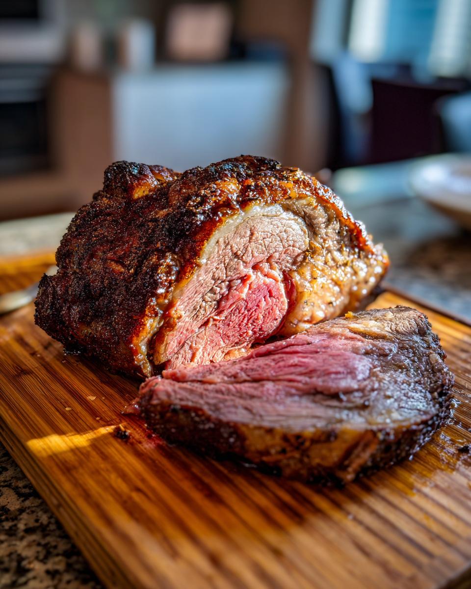 A perfectly cooked Easy Prime Rib roast, sliced to reveal a tender, pink interior and a flavorful crust.