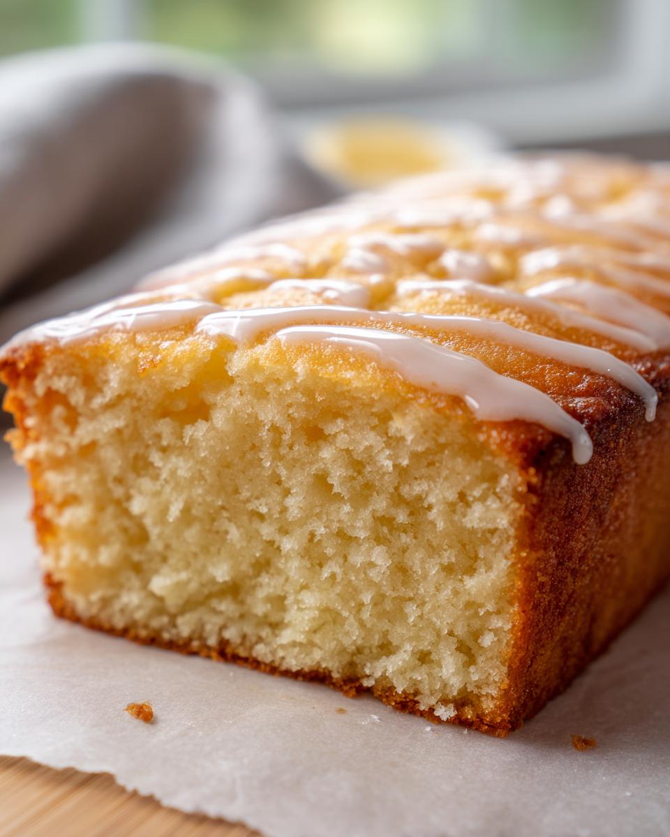 Close-up of a slice of Easy Snacking Sheet Cake with a drizzle of white glaze.