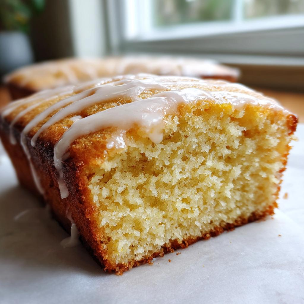Close-up of a slice of Easy Snacking Sheet Cake with a drizzle of white glaze.