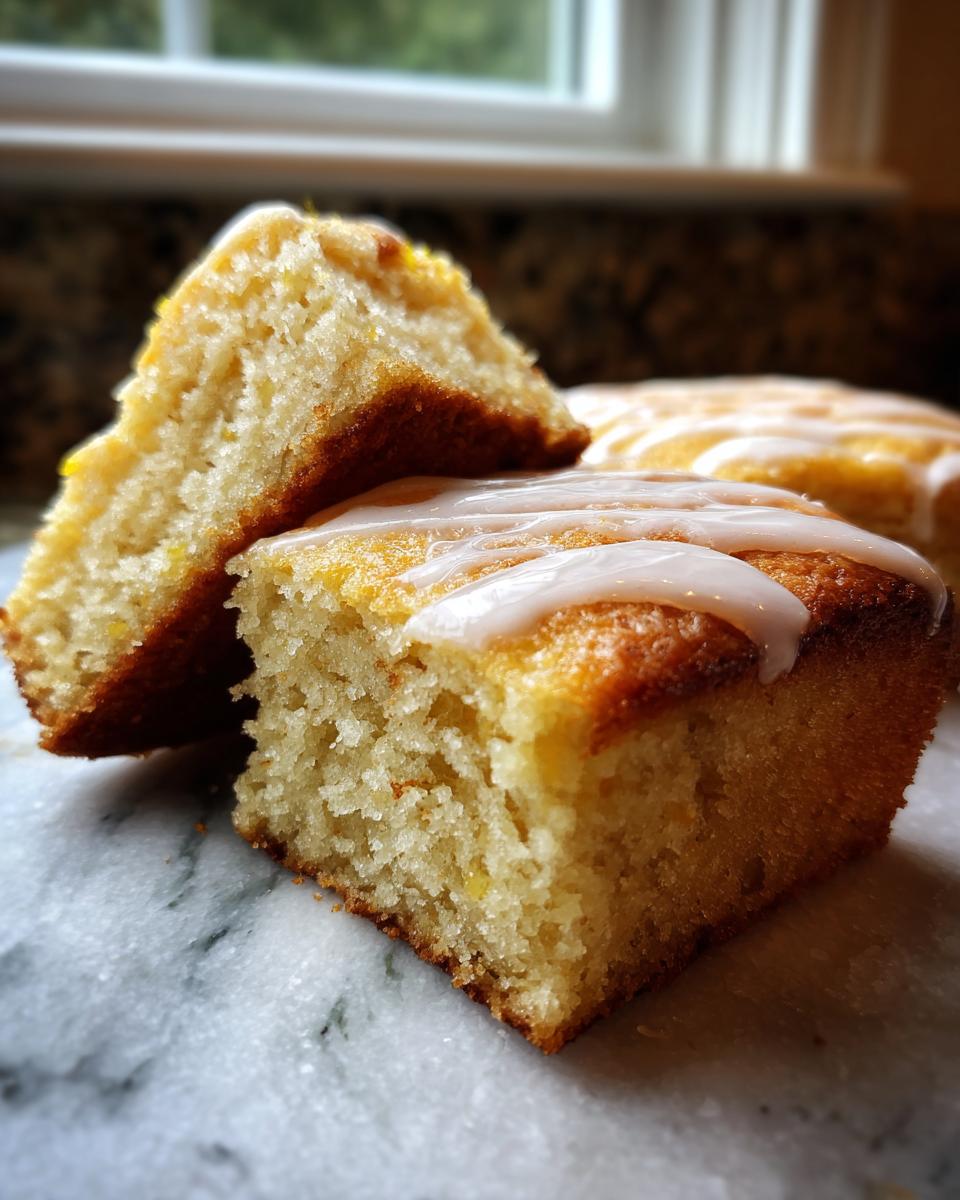 Close-up of two slices of Easy Snacking Sheet Cake, drizzled with a white glaze, on a marble surface.