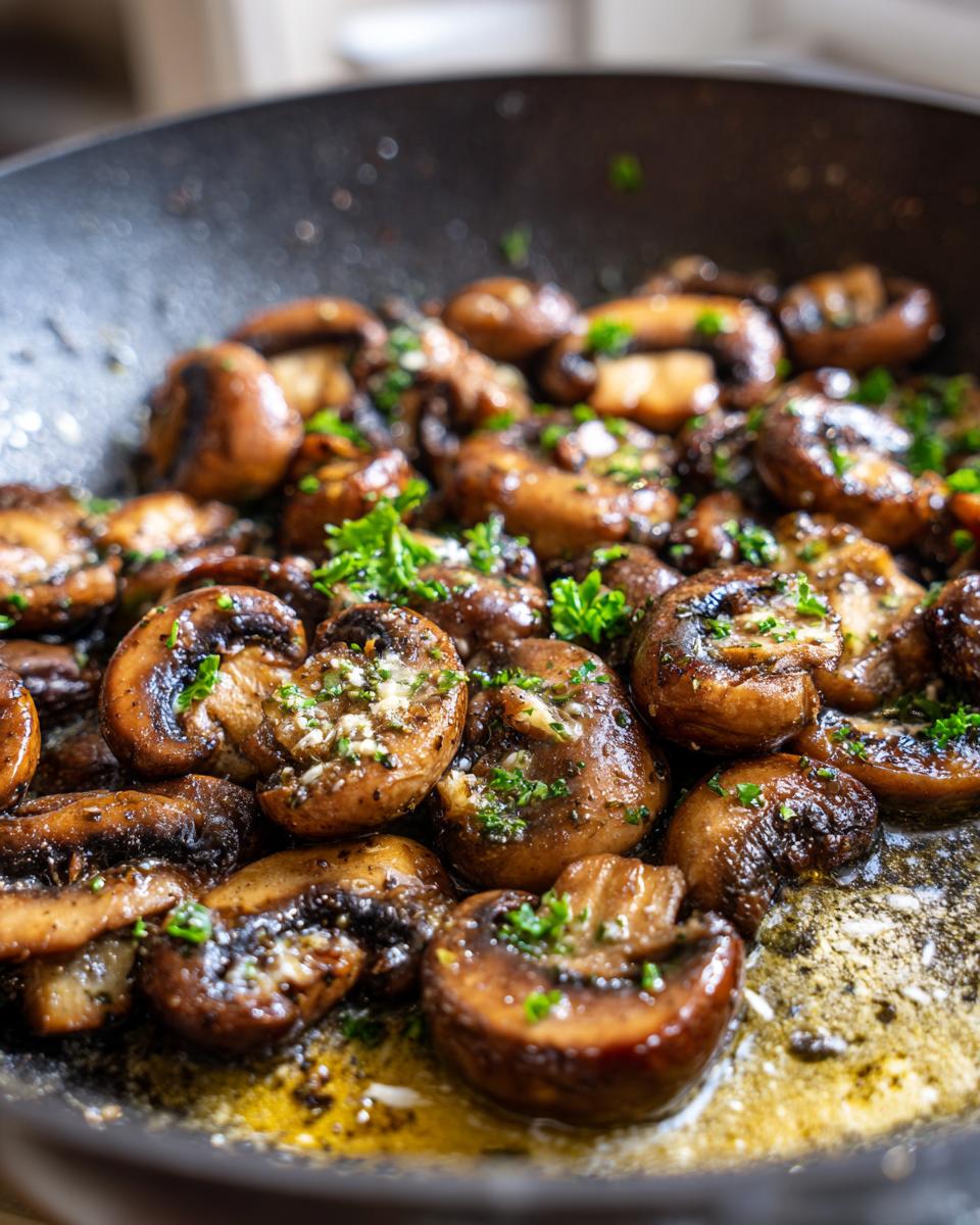 Close-up of Garlic Butter Mushrooms (Skillet) glistening in butter and sprinkled with fresh parsley.