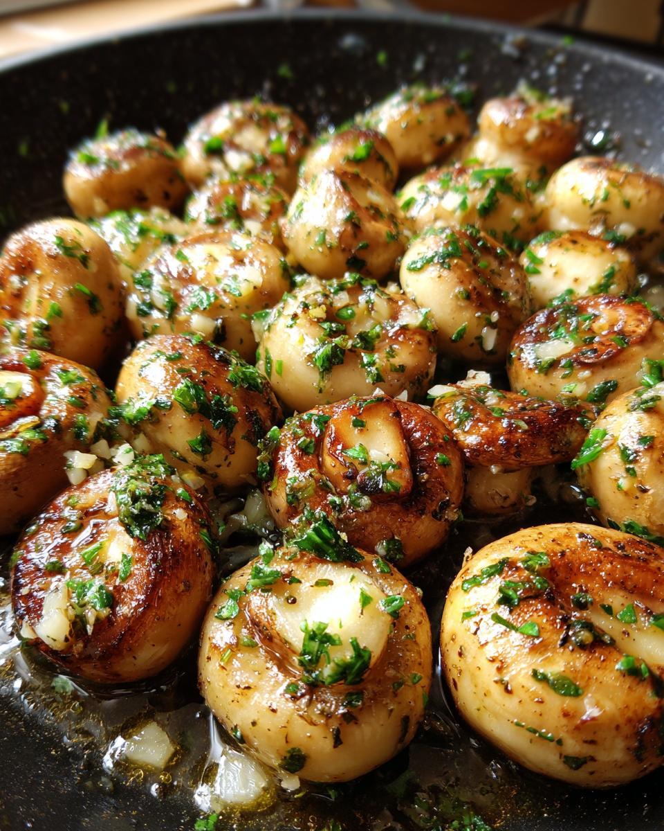 Close-up of whole garlic butter mushrooms sizzling in a skillet with chopped parsley.
