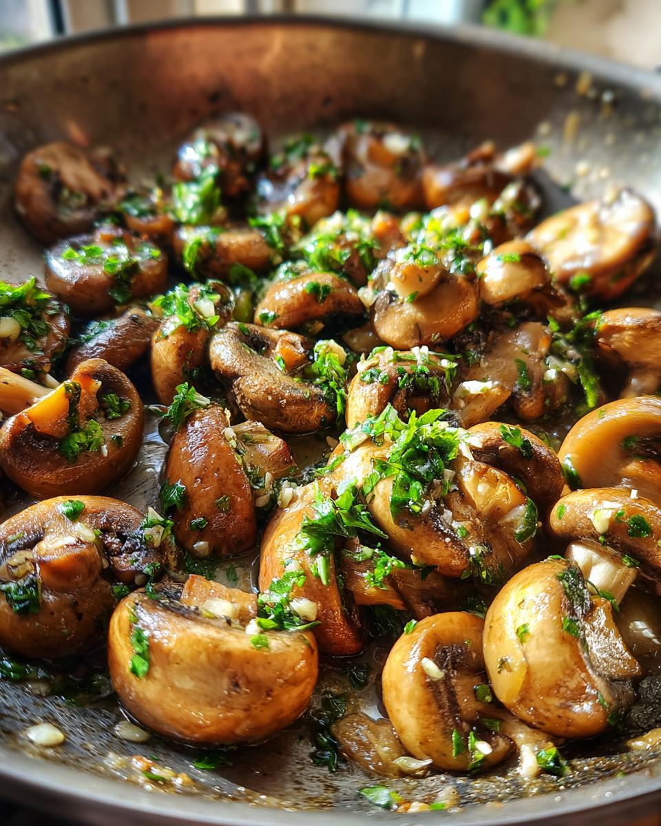 Close-up of savory Garlic Butter Mushrooms (Skillet) in a pan, glistening with butter and topped with fresh parsley.