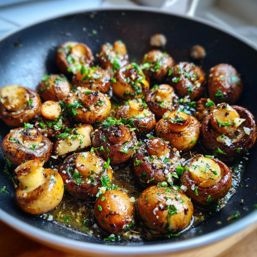 Close-up of whole Garlic Butter Mushrooms sizzling in a skillet with garlic and parsley.
