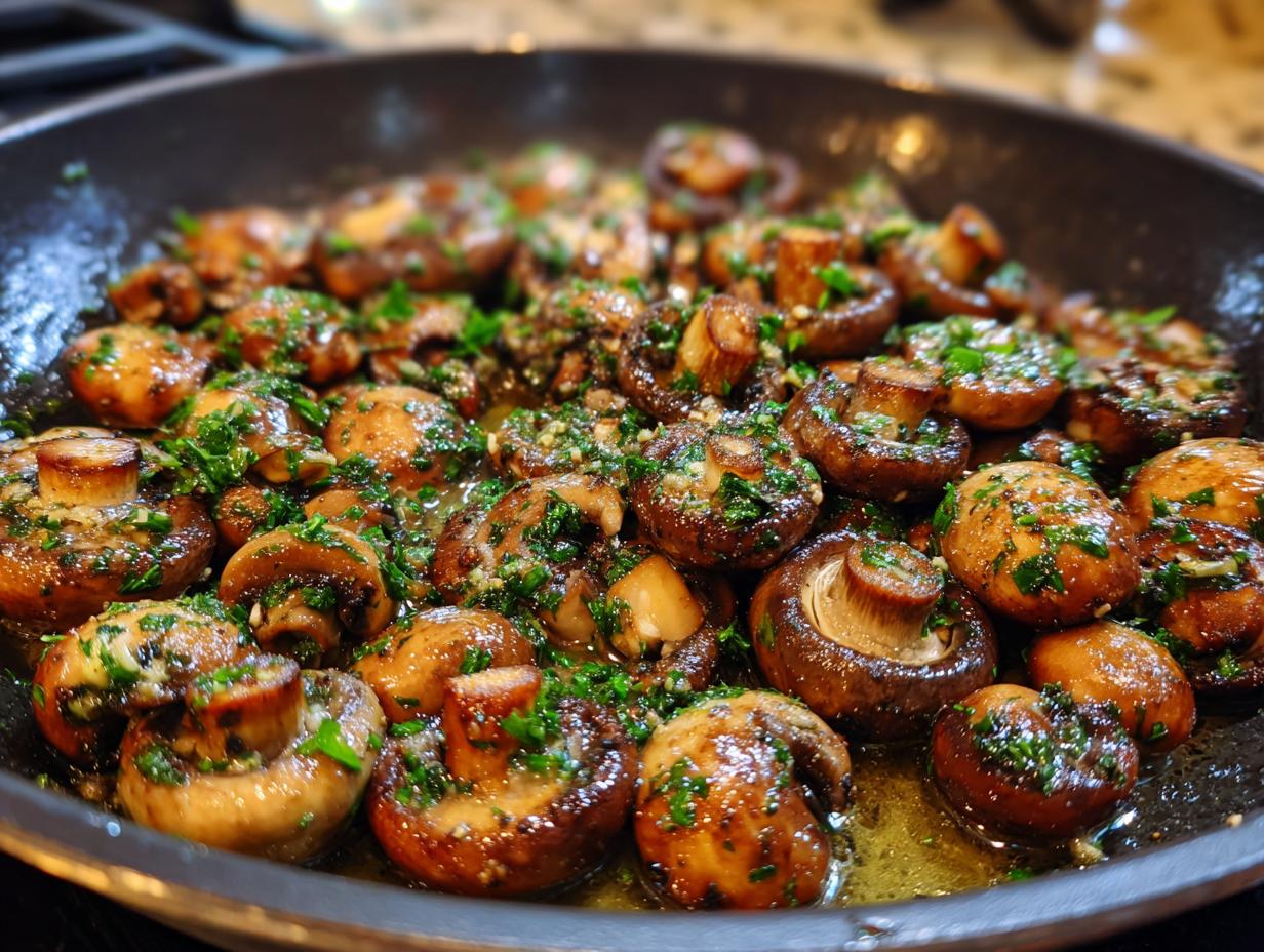 Close-up of a skillet filled with glistening Garlic Butter Mushrooms, garnished with fresh parsley.