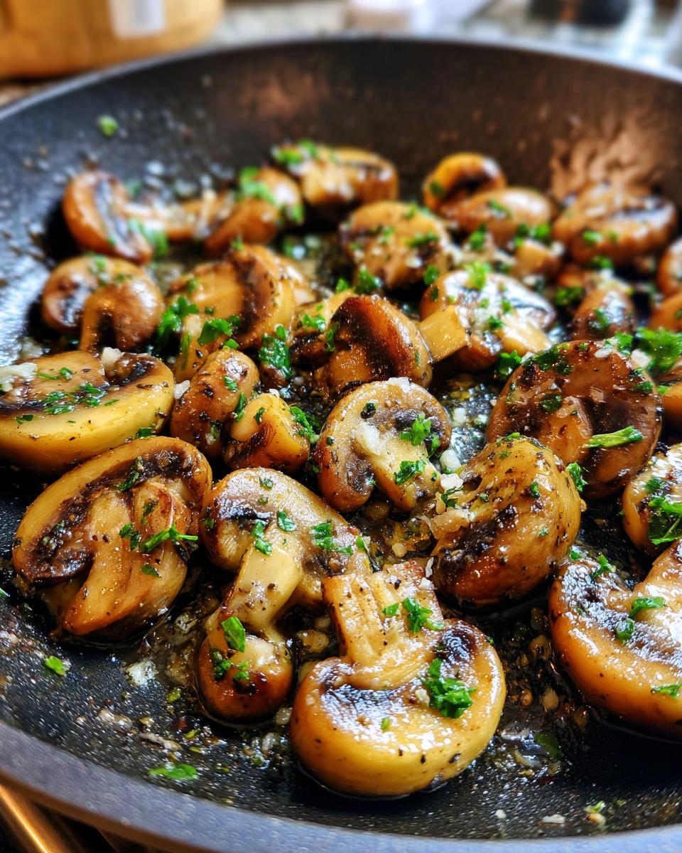 Close-up of Garlic Butter Mushrooms sizzling in a skillet, garnished with fresh parsley.